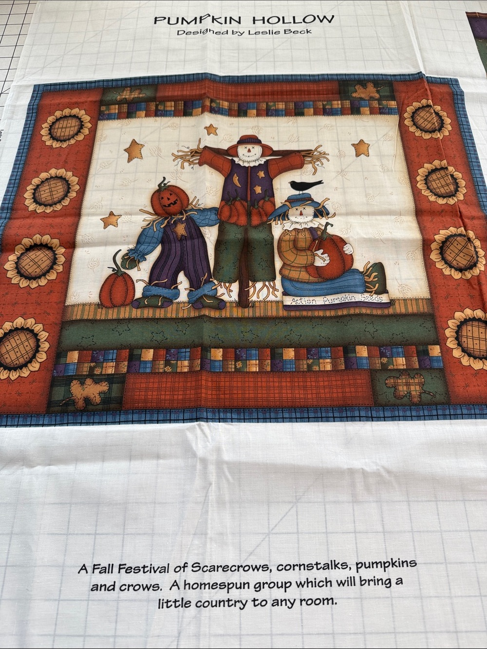 Pumpkin Hollow Leslie Beck Cotton Quilt Panel Fabric Scarecrow Fall Harvest Wall